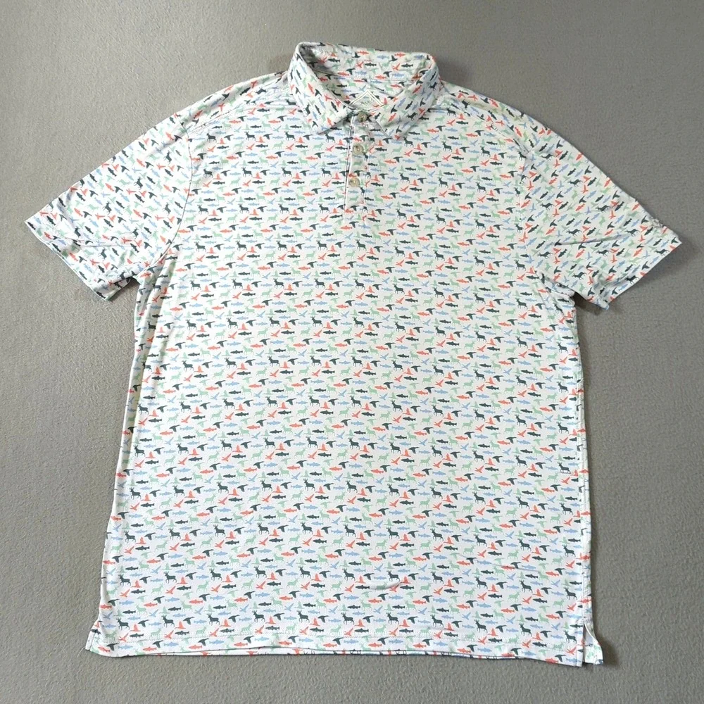 Burlebo Mens Performance Polo Shirt Large Wildlife Deer Duck Fish Print White - Picture 2 of 8